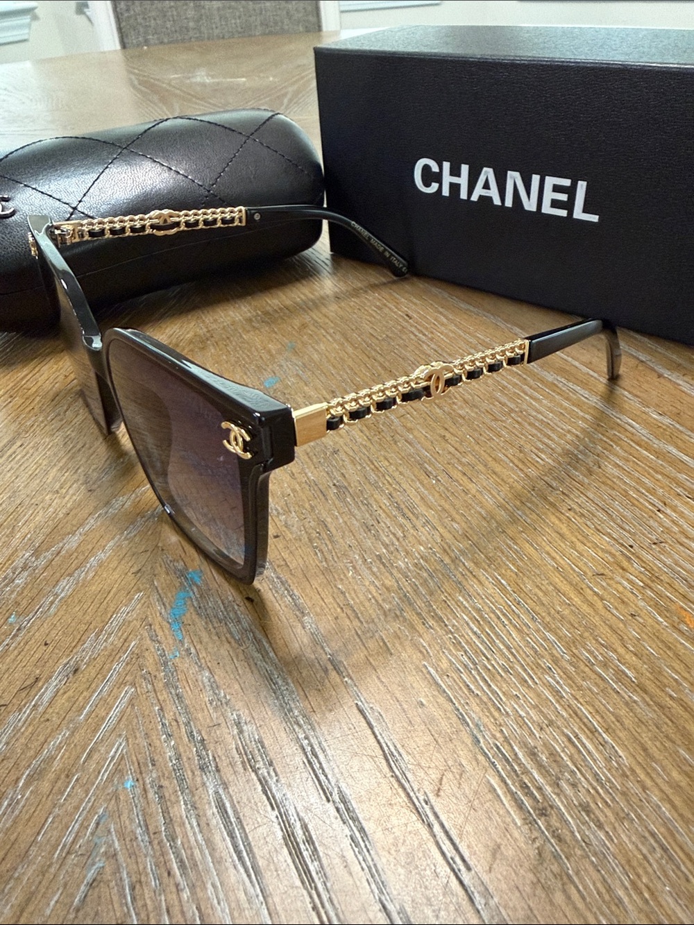 CHANEL Black & Gold Leather Square Gradient Sunglasses with Gold Logos - Picture 6 of 10